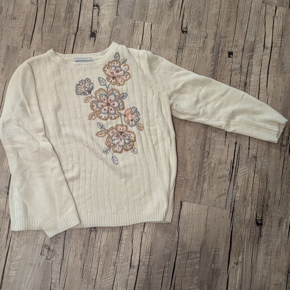 Alfred Dunner Cream Sweater with Floral Details